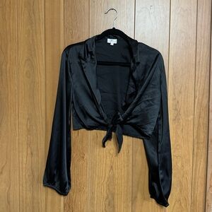 Elegant Black Satin Tie-Front Blouse